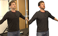 Um das neue Verfahren zu testen, ließ sich der Doktorand Jascha Achenbach gleichzeitig von 40 Kameras fotografieren (links). Zehn Minuten später war die virtuelle Version des Forschers fertig (rechts). Foto: CITEC/Universität Bielefeld