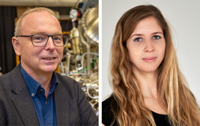 Bild: Prof. Dr. Armin Gölzhäuser und Dr. Natalie Frese von der Fakultät Physik haben SARS-CoV-2 mit dem Heliumionen-Mikroskop untersucht. 
Foto links: Universität Bielefeld/M.-D. Müller