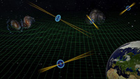 Bild: Künstlerische Darstellung des Ergebnisses der „European Pulsar Timing Array“-Beobachtungskampagne. Ein koordiniertes Netzwerk europäischer Radioteleskope beobachtet eine Reihe von Pulsaren