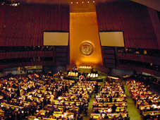 Bild: Auch in den historischen Hallen der Vereinten Nationen diskutierten die Studierenden über Resolutionen und simulierten die Entscheidungprozesse der UN.