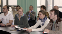 Trainerausbildung in Bielefeld: vorn (v.l.): Steffen Wöller (Rodeln), Gunda Niemann-Stirnemann (Eisschnelllauf), Kathrin Röhner (Segeln), Alexander Leipold (Ringen) und dahinter Phillip Hess (Reiten), Markus Scharmann (Reiten), Dany Leger (Eisschnelllauf) und Uwe Kinkel (Golf)
