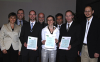 Eröffnung CITEC: CITEC-Geschäftsführerin Anita Adamczyk, Prorektor Prof. Dr. Martin Egelhaaf, Nachwuchsforscher Dr. Thomas Hermann, Rektor Prof. Dr. Dieter Timmermann, Nachwuchswissenschaftlerin Dr. Katharina Rohlfing, Prof. Dr. Gerhard Sagerer, Nachwuchswissenschaftler Dr.-Ing. Stefan Kopp und Prof. Dr. Helge Ritter (v.l.)