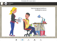 Die App der Universität Bielefeld greift den Stil des illustrierten Wohnheimwörterbuchs auf und zeigt typische Alltagssituationen im Leben von Studierenden.