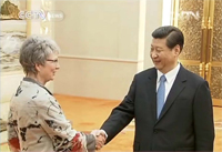 Prof. Dr. Katharina Kohse-Höinghaus von der Universität Bielefeld wird vom designierten Präsidenten der Volksrepublik China, Xi Jinping, begrüßt. Der chinesische Staatssender CCTV berichtete in seinen Nachrichten von dem Empfang internationaler Experten.Bild: Screenshot CCTV News