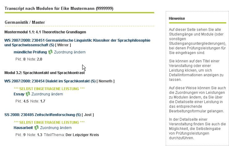 Das nach Modulen gegliederte Transcript