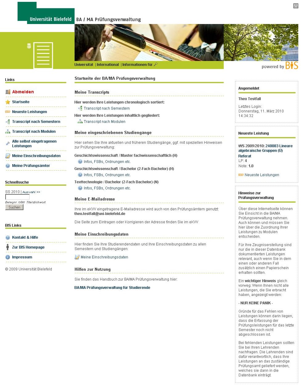 Die Startseite der Pr&uuml;fungsverwaltung