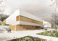 Das neue Hörsaalgebäude der Universität Bielefeld wird südlich des Hauptgebäudes errichtet. Visualisierung: Behet Bondzio Lin Architekten