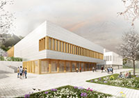 Bild: Das neue Hörsaalgebäude der Universität Bielefeld wird südlich des Hauptgebäudes errichtet. Visualisierung: Behet Bondzio Lin Architekten