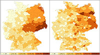 Bild: Die neue Studie zeigt den Zusammenhang zwischen dem AfD-Wahlerfolg bei der Bundestagswahl 2017 (links) und Übergriffen gegen Geflüchtete (rechts) im selben Jahr. Grafik: Universität Bielefeld / J. Rees