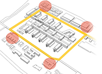Ein um das Hauptgebäude laufender Ring (Loop) soll verschiedene Flächen miteinander verbinden und perspektivisch weitgehend autofrei sein. Visua-lisierung: AS+P Albert Speer + Partner