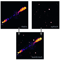 Das linke Bild zeigt zwei riesige Strahlen aus Gas (Jets), die mit einem Radioteleskop aufgenommen wurden. Rechts ist dieselbe Region – aufgenommen mit einem optischen Teleskop – zu sehen. Unten sind die kombinierten Daten abgebildet, mit denen die Wissenschaftler*innen weiterarbeiten können. Bilder: LOFAR surveys team