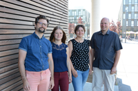 These researchers are developing a technical system that is designed to help professionals in social work make well-informed decisions. From left:  Prof. Dr. Philip Cimiano and Angelika Maier (both from CITEC) with Diana Schneider and Prof. Dr. Udo Seelmeyer (both from the University of Applied Sciences Bielefeld). Photo: CITEC/Bielefeld University