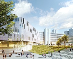 Bild: Die Visualisierung zeigt den vorliegenden Planungsstand für das zukünftige Entrée der Universität Bielefeld. Nach Information des BLB NRW wird die Fassadengestaltung des Neubaus aktuell noch überarbeitet.  