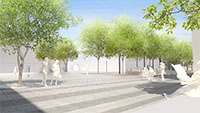 Der Neubau grenzt an den zukünftigen zentralen Platz, der zum Aufhalten, Arbeiten und Verweilen einlädt. Visualisierung: WES