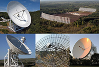 Radioteleskope des EPTA-Netzwerks. Im Uhrzeigersinn von oben links:100-m-Radioteleskop Effelsberg (Deutsch-land), Nançay-Radioteleskop (Frankreich), Jodrell-Bank-Teleskop (Großbritannien), Westerbork-Synthesis-Radioteleskop (WSRT, Niederlande), Sardinien-Radioteleskop (SRT, Italien). Bildrechte: Norbert Tacken/MPIfR (Effelsberg), Letourneur und Nançay Observatory (Nançay), Anthony Holloway (Jodrell Bank), ASTRON (WSRT), Gianni Alvito/INAF (SRT).