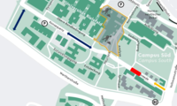 Bild: Sperrung der Morgenbrede und temporäre Umleitung für die Zufahrt zum Campus Süd über die Baustraße (für alle Fahrzeuge und in beide Richtungen)