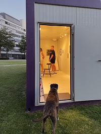 Bild: Der Container auf der Campuswiese zwischen Uni-Hauptgebäude und Gebäude X dient dem Zentrum für Ästhetik als kleiner